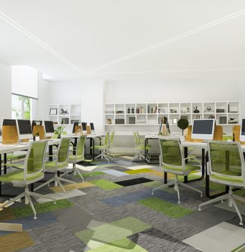3d rendering green business meeting and working room on office building with bookshelf